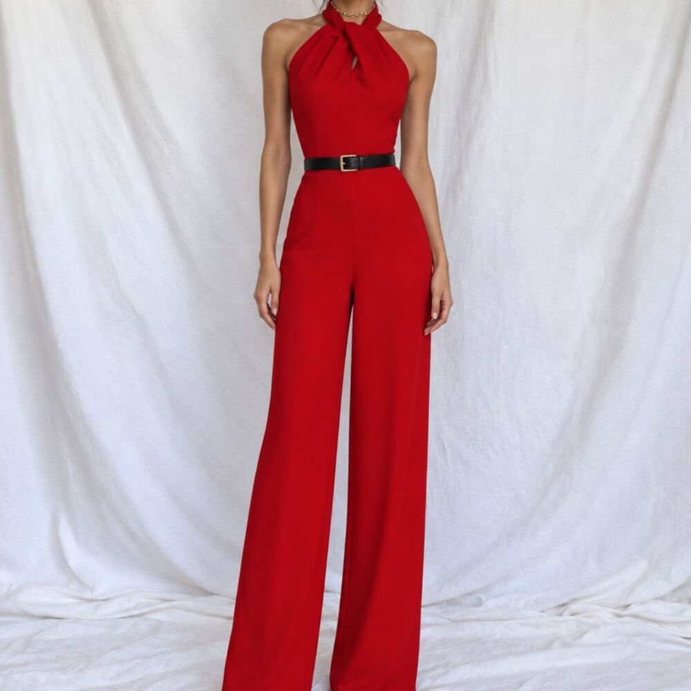 Vintage Y2K 90s Roz & Ali Red Sleeveless Halter Wide Leg Office Jumpsuit Size M